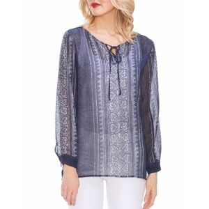 Vince Camuto Classic Navy Sheer Mystic Blooms Long Sleeve Top Size Small Women